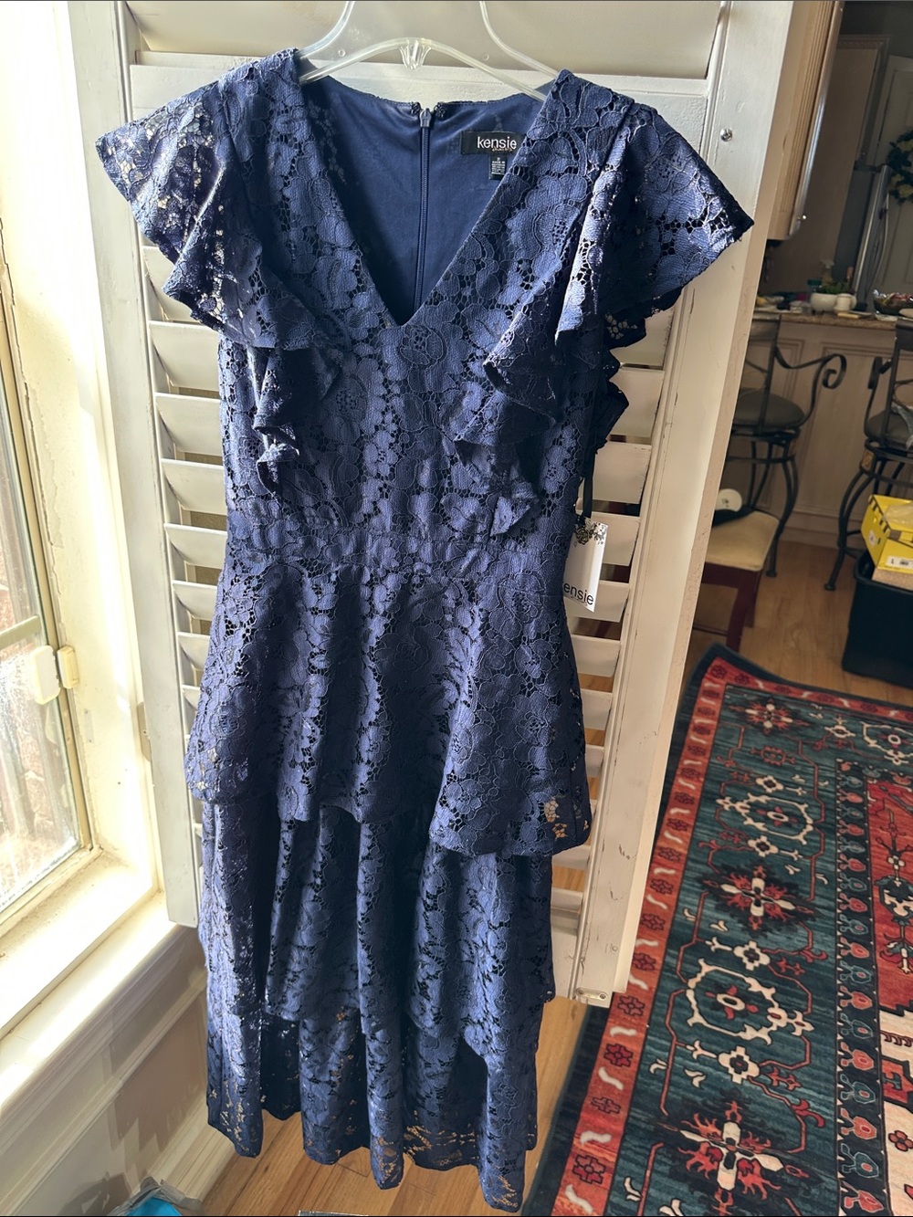 Kensie Navy Lace High-Low Ruffle Midi Dress